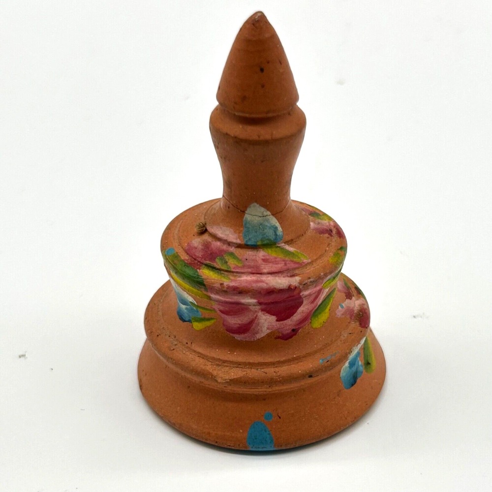Vintage Mexican Miniature Sm Clay Bell Hand Painted Floral Design De Avila 2.25"